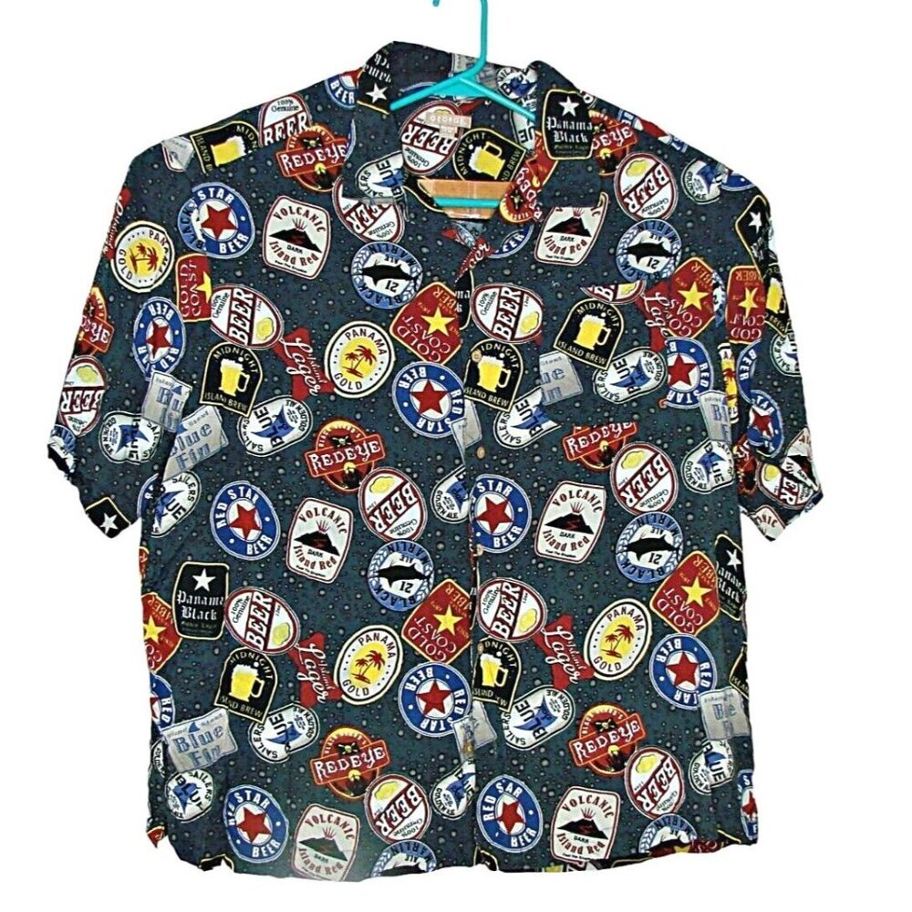 Beer Brand Theme All Over Print Button Up Shirt Mens 2X George Rayon Gray Party